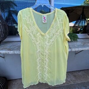 Johnny Was Yellow Embroidered Woven Tee